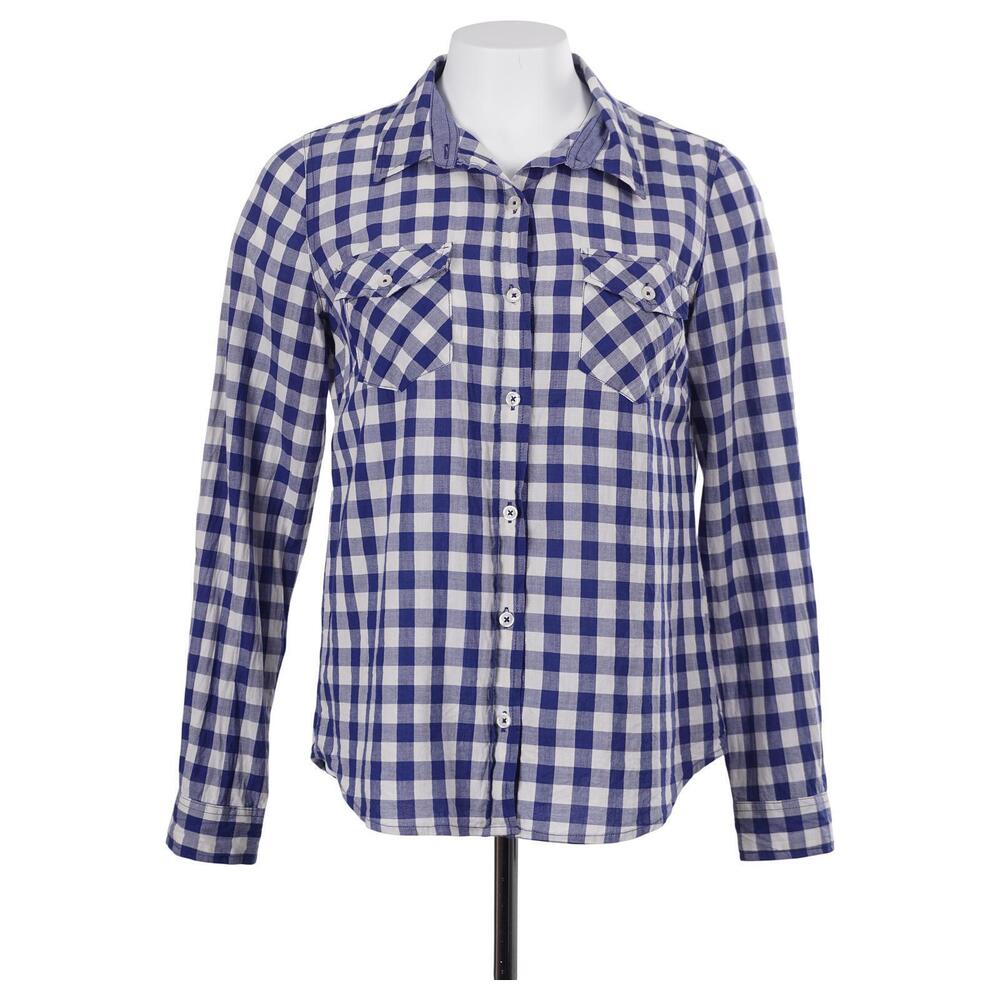 FOREVER 21 Top M Blue Gingham Check Cotton Lightweight Long Sleeve Button Up